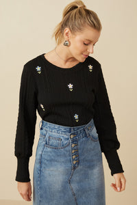 HY7443 Ivory Womens Cable Knit Floral Embroidered Long Sleeve Top Front