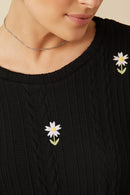 HY7443 Ivory Womens Cable Knit Floral Embroidered Long Sleeve Top Gif