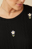 HY7443 Ivory Womens Cable Knit Floral Embroidered Long Sleeve Top Gif