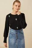 HY7443 Ivory Womens Cable Knit Floral Embroidered Long Sleeve Top Side