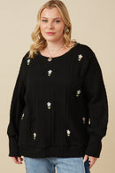 HY7443W Ivory Plus Cable Knit Floral Embroidered Long Sleeve Top Front