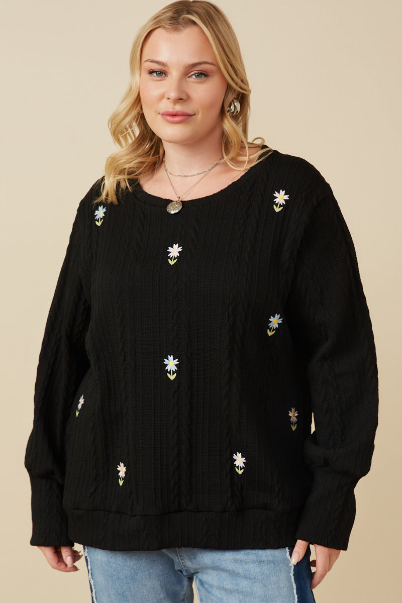 Cable Knit Floral Embroidered Long Sleeve Top