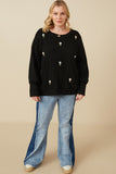 HY7443W Ivory Plus Cable Knit Floral Embroidered Long Sleeve Top Gif