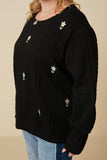 HY7443W Ivory Plus Cable Knit Floral Embroidered Long Sleeve Top Full Body