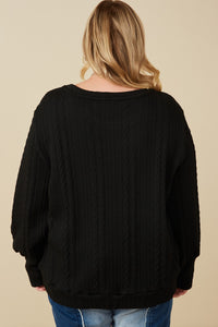 HY7443W Ivory Plus Cable Knit Floral Embroidered Long Sleeve Top Detail