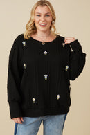 HY7443W Ivory Plus Cable Knit Floral Embroidered Long Sleeve Top Back