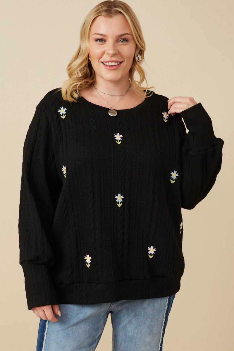 HY7443W Ivory Plus Cable Knit Floral Embroidered Long Sleeve Top Back