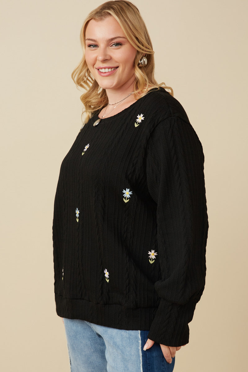 HY7443W Ivory Plus Cable Knit Floral Embroidered Long Sleeve Top Side