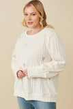 HY7443 Black Womens Cable Knit Floral Embroidered Long Sleeve Top Front
