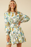 HY7445 Ivory Womens Paisley Floral Print Belted Smocked Cuff Dress Front