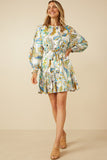 HY7445 Ivory Womens Paisley Floral Print Belted Smocked Cuff Dress Gif