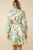 HY7445 Ivory Womens Paisley Floral Print Belted Smocked Cuff Dress Detail