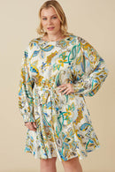 HY7445W Ivory Plus Paisley Floral Print Belted Smocked Cuff Dress Front