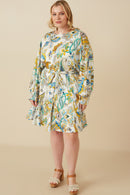 HY7445 Ivory Womens Paisley Floral Print Belted Smocked Cuff Dress Side