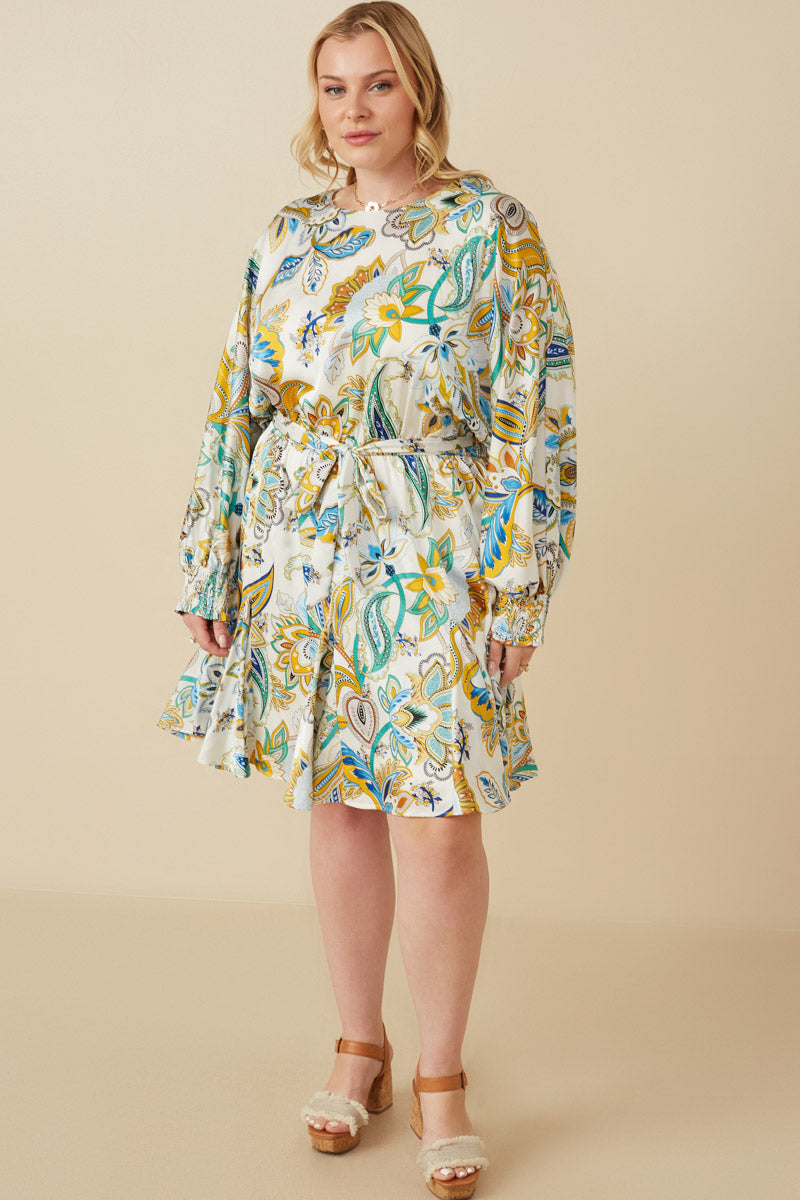 HY7445 Ivory Womens Paisley Floral Print Belted Smocked Cuff Dress Side