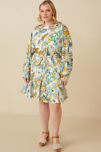 HY7445 Ivory Womens Paisley Floral Print Belted Smocked Cuff Dress Side