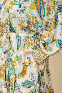 HY7445W Ivory Plus Paisley Floral Print Belted Smocked Cuff Dress Gif