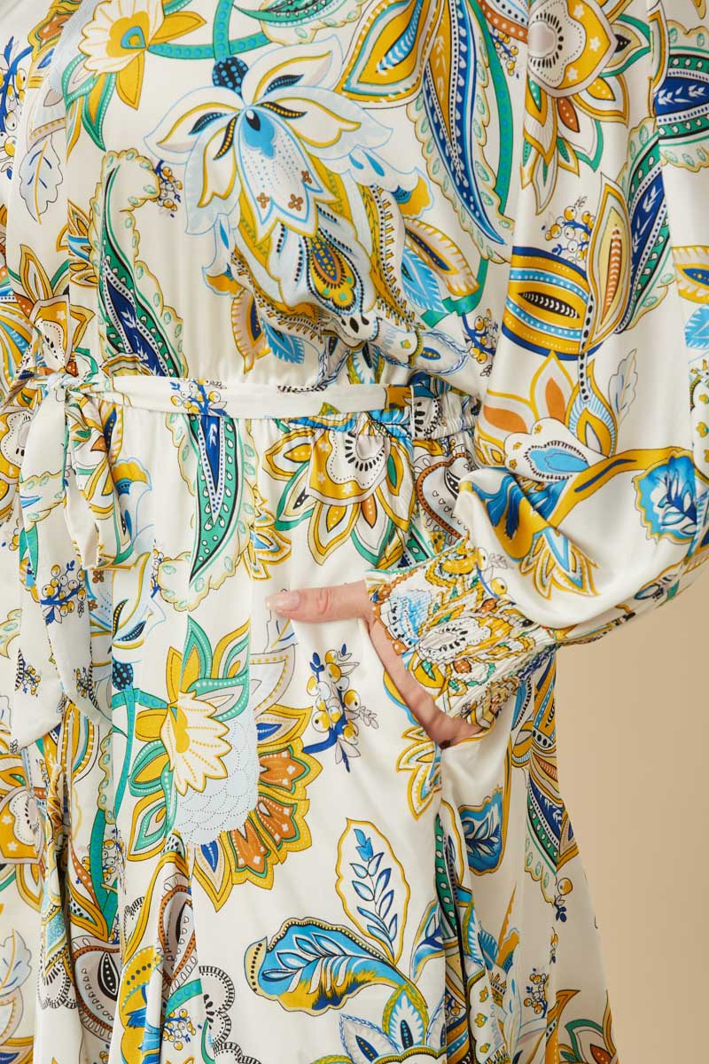 HY7445W Ivory Plus Paisley Floral Print Belted Smocked Cuff Dress Gif