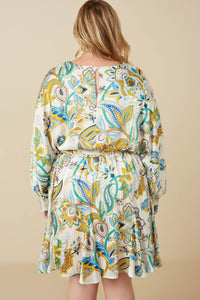 HY7445W Ivory Plus Paisley Floral Print Belted Smocked Cuff Dress Full Body