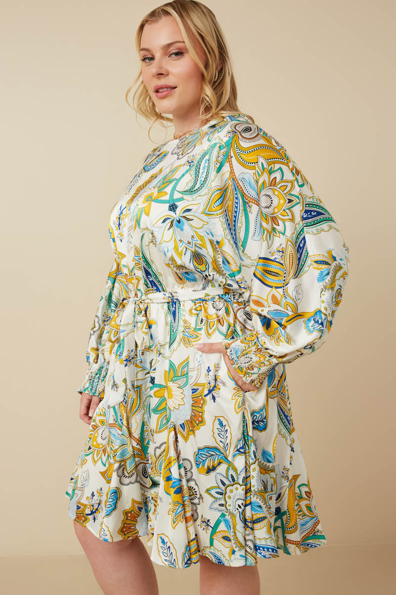 HY7445W Ivory Plus Paisley Floral Print Belted Smocked Cuff Dress Detail