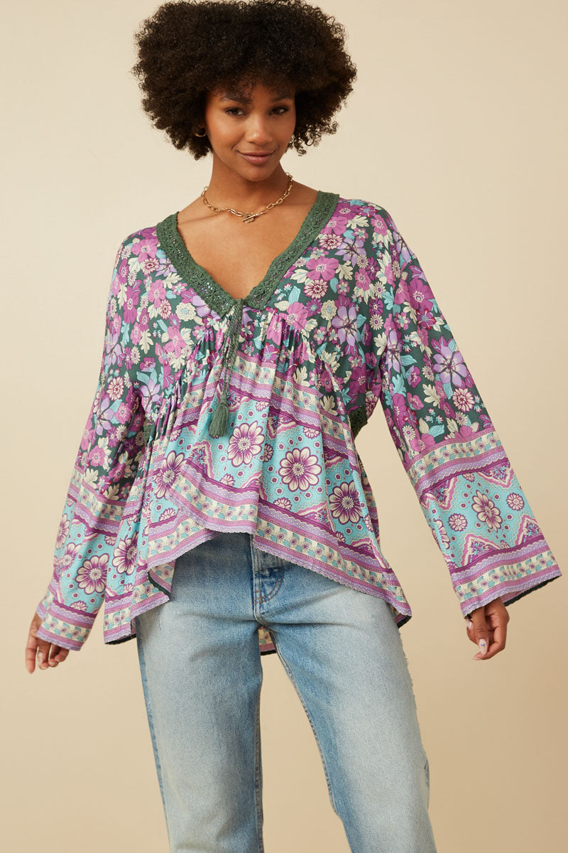 HY7450 OLIVE Womens Crochet Detail Tasseled Border Print Top Full Body