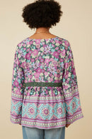 HY7450 OLIVE Womens Crochet Detail Tasseled Border Print Top Front 2