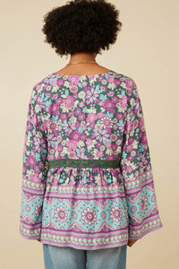 HY7450 OLIVE Womens Crochet Detail Tasseled Border Print Top Front 2