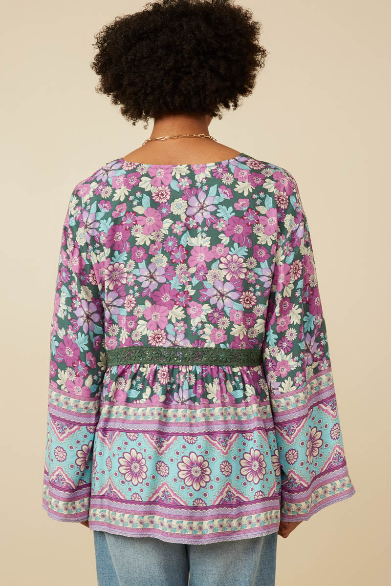 HY7450 OLIVE Womens Crochet Detail Tasseled Border Print Top Front 2