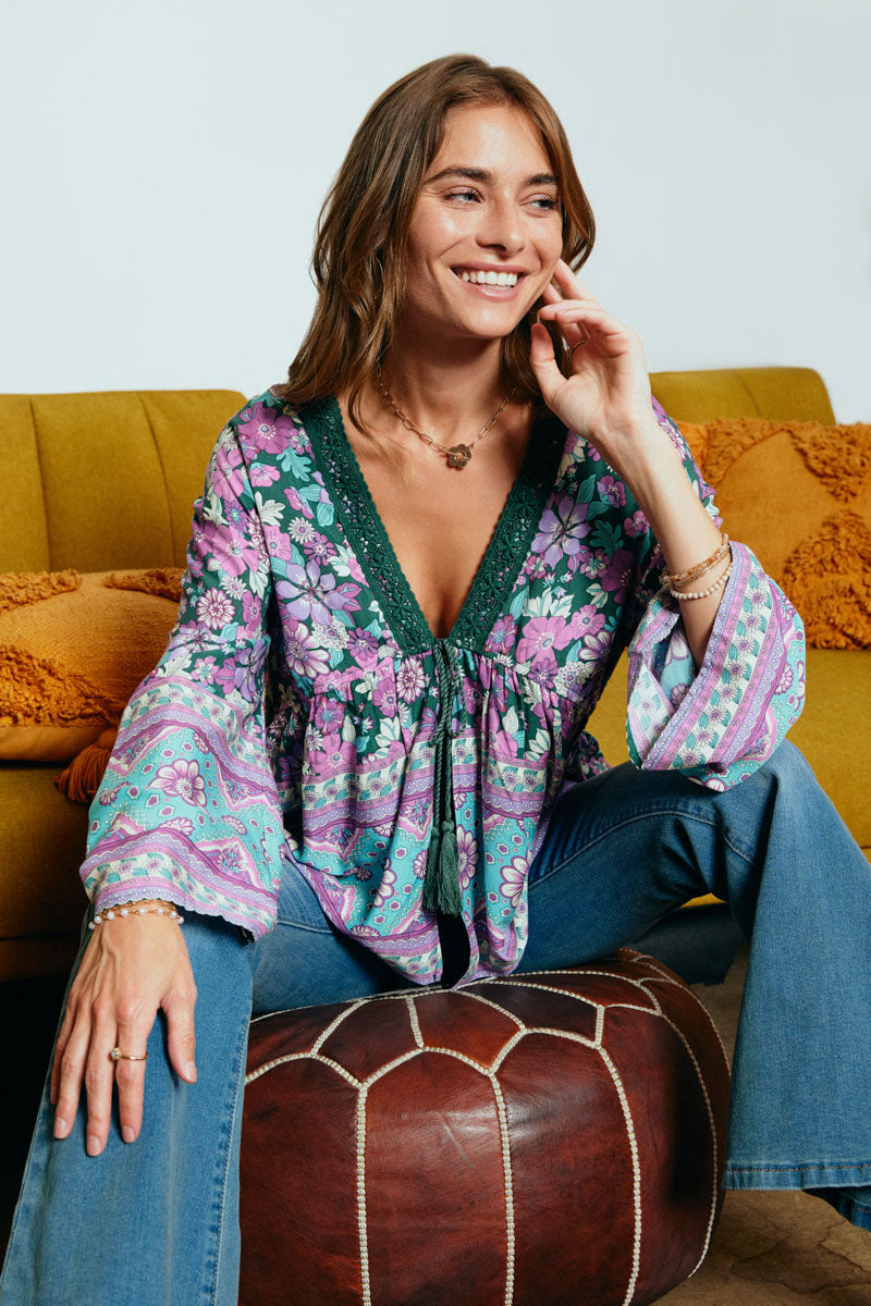 Crochet Detail Tasseled Border Print Top