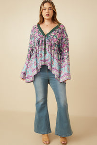 HY7450 OLIVE Womens Crochet Detail Tasseled Border Print Top back