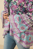 HY7450 OLIVE Womens Crochet Detail Tasseled Border Print Top Gif