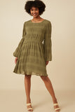 HY7455 OLIVE Womens Mixed Pleated Peasant Sleeve Dress Gif