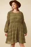 HY7455 OLIVE Womens Mixed Pleated Peasant Sleeve Dress Front