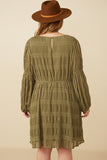 HY7455W Olive Plus Mixed Pleated Peasant Sleeve Dress Full Body