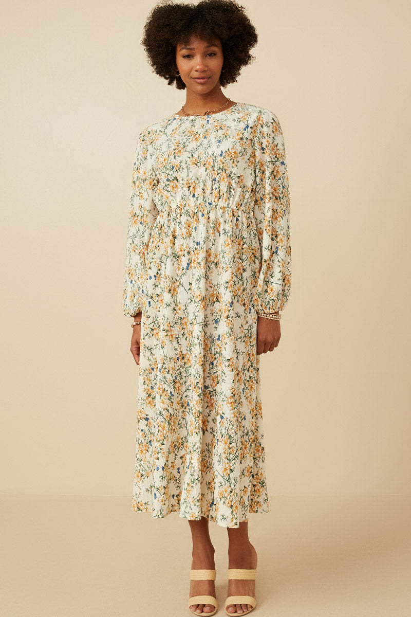 Botanical Print Puffed Long Sleeve Dress