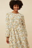 HY7458 Ivory Womens Botanical Print Puffed Long Sleeve Dress Gif