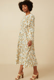 HY7458 Ivory Womens Botanical Print Puffed Long Sleeve Dress Front