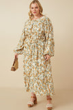 HY7458 Ivory Womens Botanical Print Puffed Long Sleeve Dress Full Body
