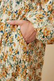 HY7458W Ivory Plus Botanical Print Puffed Long Sleeve Dress Gif