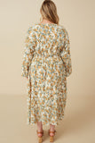 HY7458W Ivory Plus Botanical Print Puffed Long Sleeve Dress Side