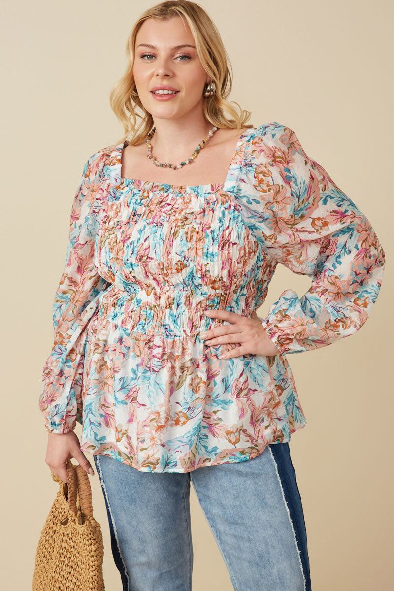 Textured Satin Smocked Botanical Top