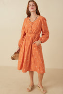 HY7460 Rust Womens Floral Embroidered Button Down Dress Full Body