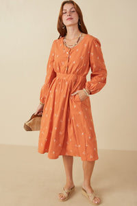 HY7460 Rust Womens Floral Embroidered Button Down Dress Full Body