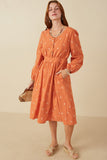 HY7460 Rust Womens Floral Embroidered Button Down Dress Full Body