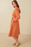 HY7460 Rust Womens Floral Embroidered Button Down Dress Side