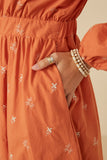 HY7460 Rust Womens Floral Embroidered Button Down Dress Detail