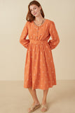 HY7460 Rust Womens Floral Embroidered Button Down Dress Front