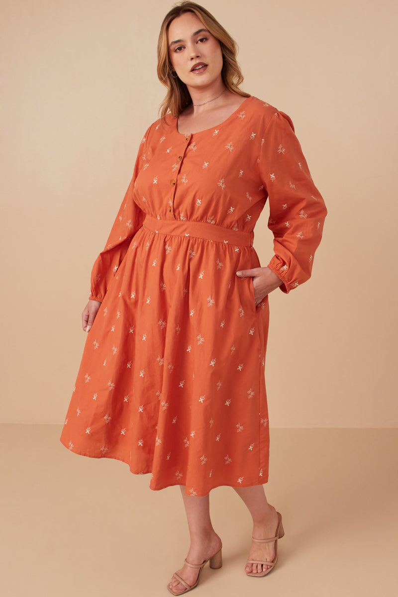 Womens Button Down Floral Embroidered Dress | Boho Inspired Inclusive Outfits Rust / 3XL Rust *Women's Dresses Casual Dresses Hayden Los Angeles Womens Button Down Floral Embroidered Dress | Boho Inspired Inclusive Outfits Rust / 3XL Rust *Women's Dresses Casual Dresses Hayden Los Angeles