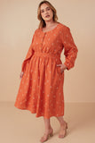 HY7460W Rust Plus Floral Embroidered Button Down Dress Full Body