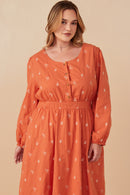 HY7460W Rust Plus Floral Embroidered Button Down Dress Front